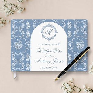 Elegant Vintage Blue Toile Monogram Wedding Guest Book