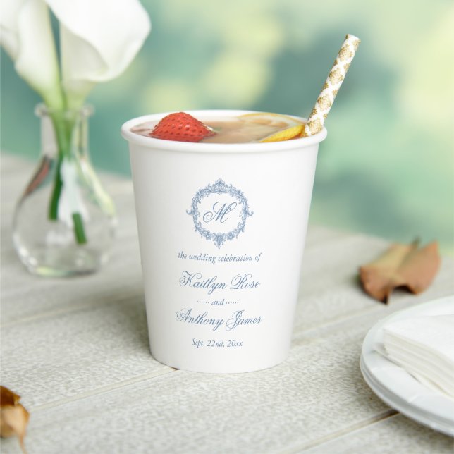 Elegant Vintage Blue Toile Monogram Wedding Paper Cups (Insitu)