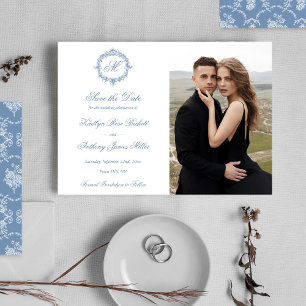 Elegant Vintage Blue Toile Monogram Wedding Photo Save The Date