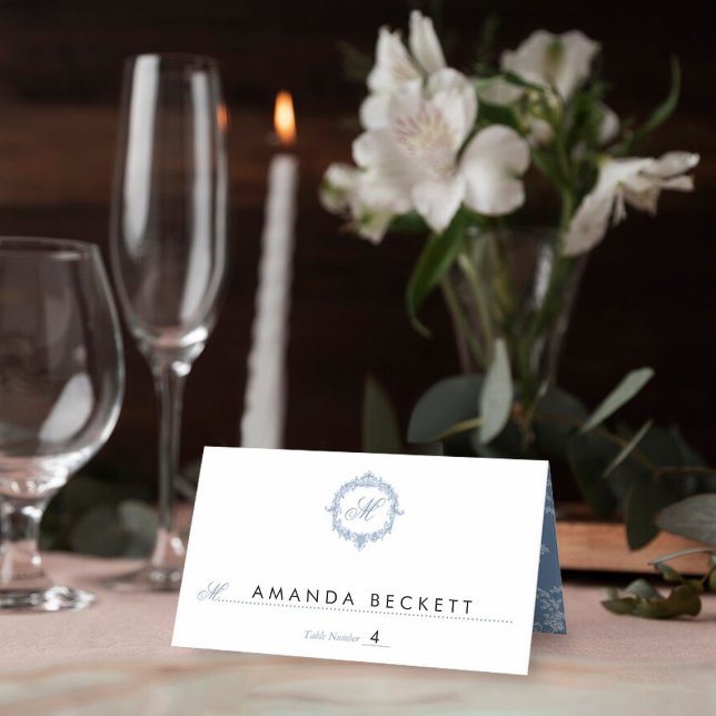 Elegant Vintage Blue Toile Monogram Wedding Place Card (Creator Uploaded)