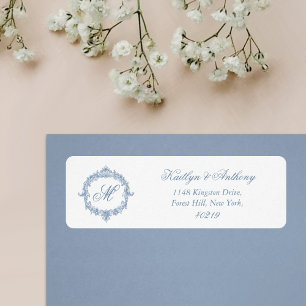 Elegant Vintage Blue Toile Monogram Wedding Return Address Label