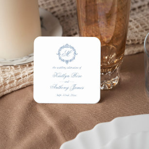 Elegant Vintage Blue Toile Monogram Wedding Square Paper Coaster