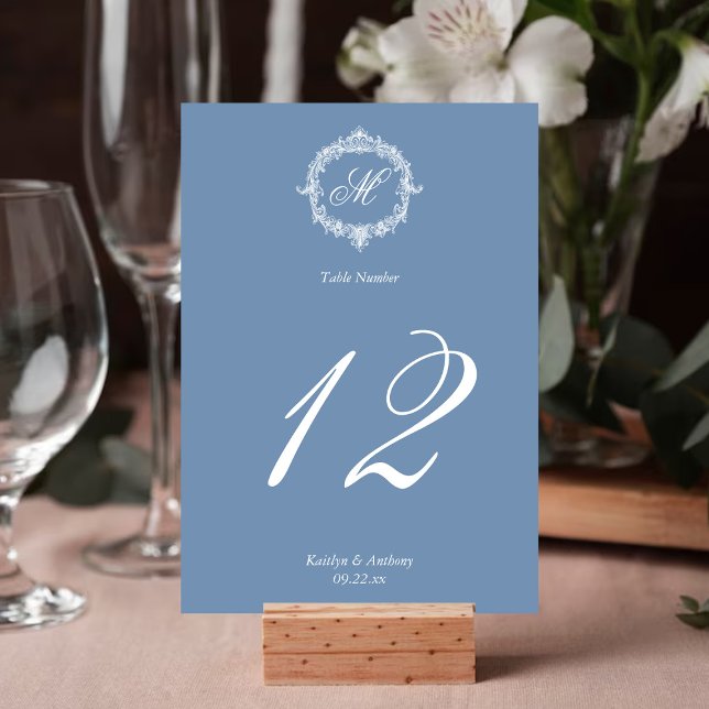 Elegant Vintage Blue Toile Monogram Wedding Table Number (Creator Uploaded)