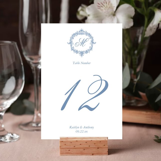 Elegant Vintage Blue Toile Monogram Wedding Table Number (Creator Uploaded)