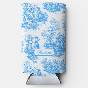 Elegant vintage blue turquoise toile de jouy seltzer can cooler