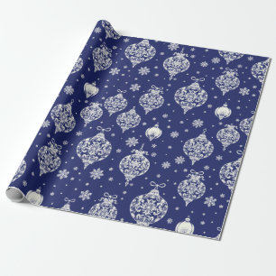 Elegant Vintage Blue White Christmas Ornaments Wrapping Paper