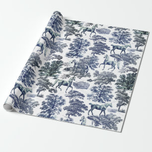 Elegant Vintage Blue White Horses in Woods Toile  Wrapping Paper