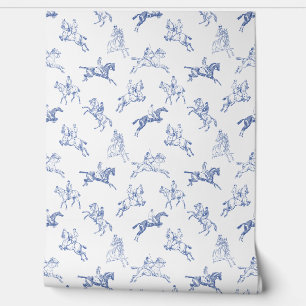 Elegant Vintage Blue White Toile Horseback Riding Wallpaper