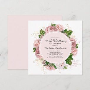 Elegant Vintage Blush Pink Floral 100th Birthday Invitation