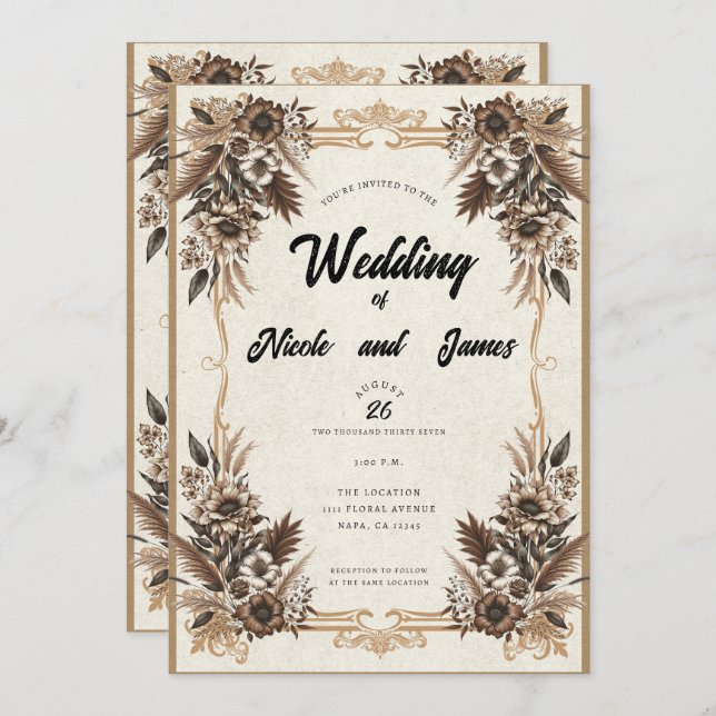 Elegant Vintage Bohemian Floral Wedding  Invitation (Front/Back)
