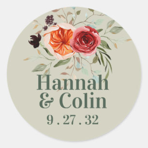 Elegant Vintage Boho Red Orange Grey Names Classic Round Sticker