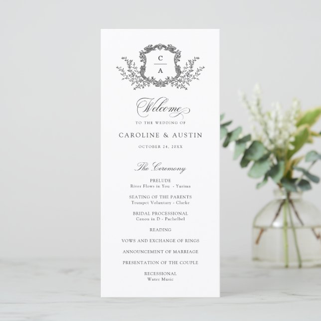 Elegant Vintage Botanical Crest Wedding Program (Standing Front)