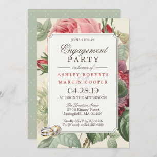Elegant Vintage Botanical Floral Engagement Party Invitation