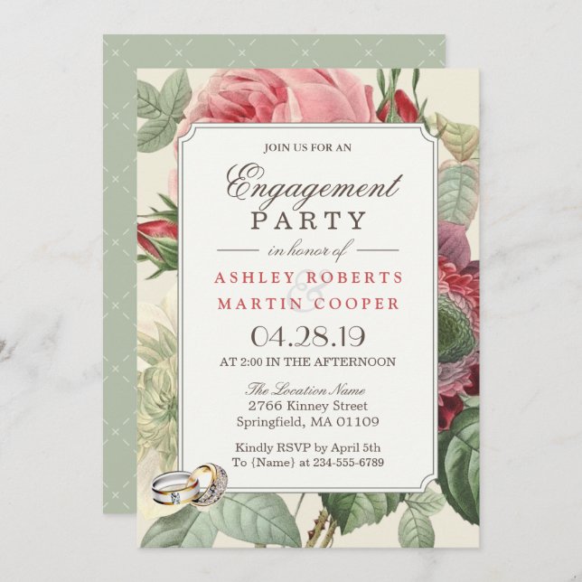 Elegant Vintage Botanical Floral Engagement Party Invitation (Front/Back)