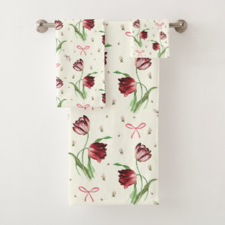 Elegant Vintage Bows and Tulips Floral Pattern Bath Towel Set