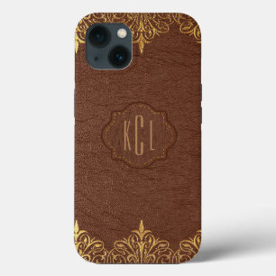 Elegant Vintage Brown Leather Gold Accents iPhone 13 Case