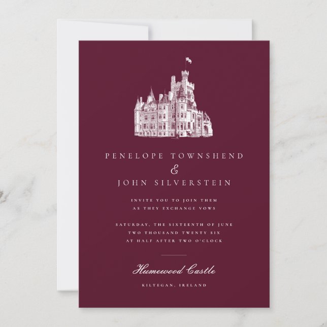 Elegant Vintage Burgundy Castle Wedding Invitation (Front)