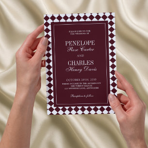 Elegant Vintage Burgundy Checkered Formal Wedding Invitation