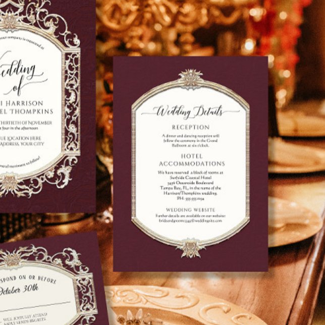 Elegant Vintage Burgundy Gold Wedding Details Invitation (Creator Uploaded)