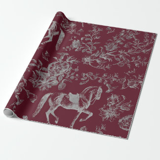 Elegant Vintage Burgundy Grey Horse Floral Pattern Wrapping Paper