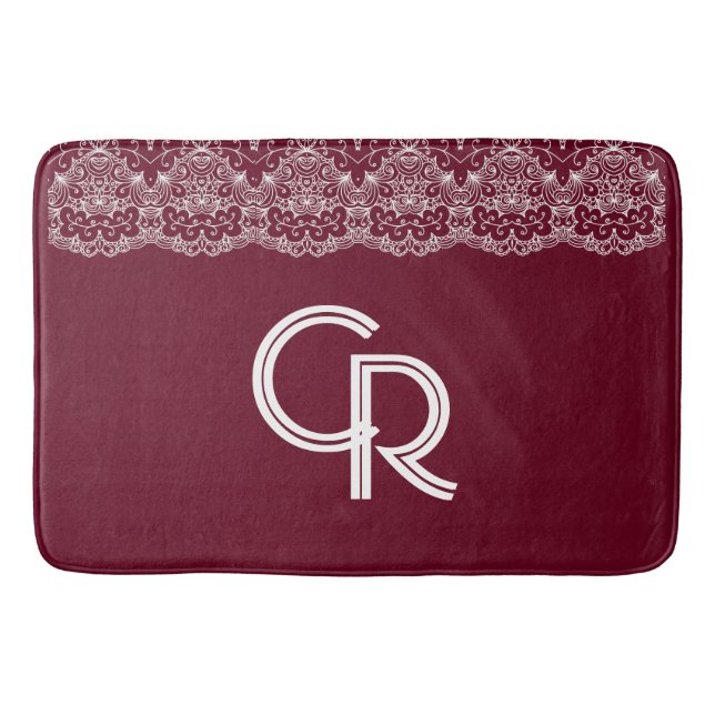 Elegant Vintage Burgundy Maroon White Lace Bath Mat (Front)