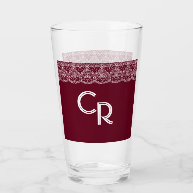 Elegant Vintage Burgundy Maroon White Lace Glass (Front)