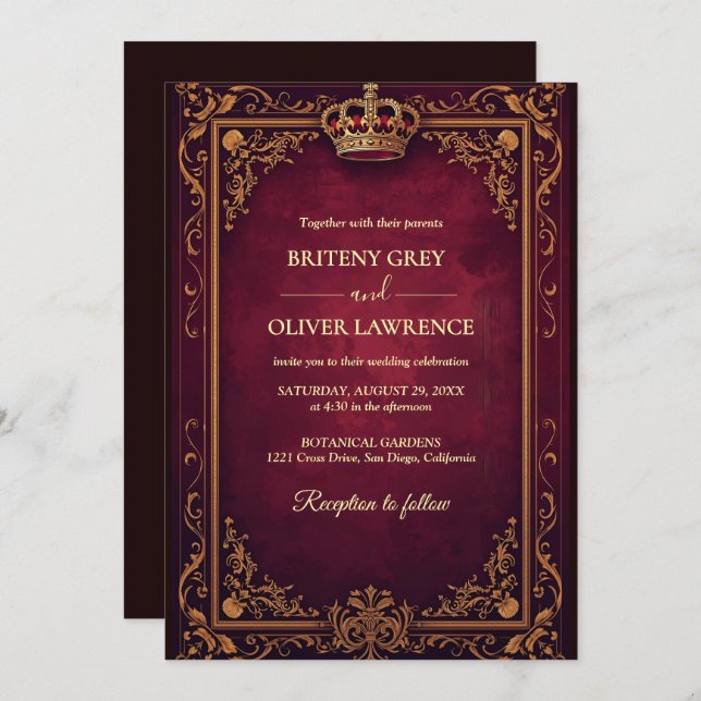 Elegant Vintage Burgundy red and Gold  Wedding Invitation (Front/Back)