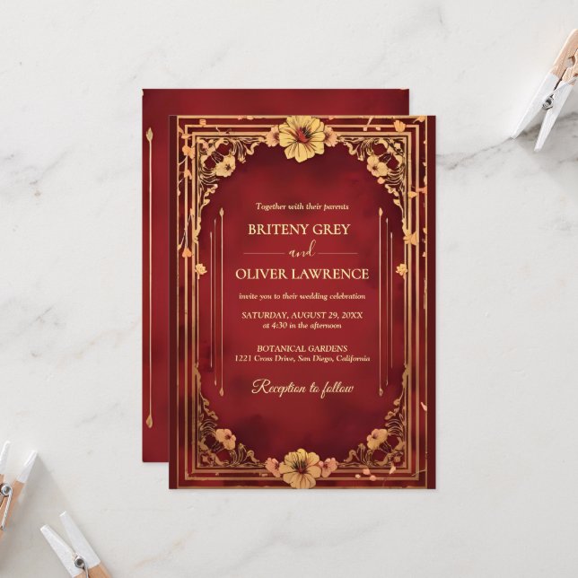 Elegant Vintage Burgundy red and Gold  Wedding Invitation (Front/Back In Situ)