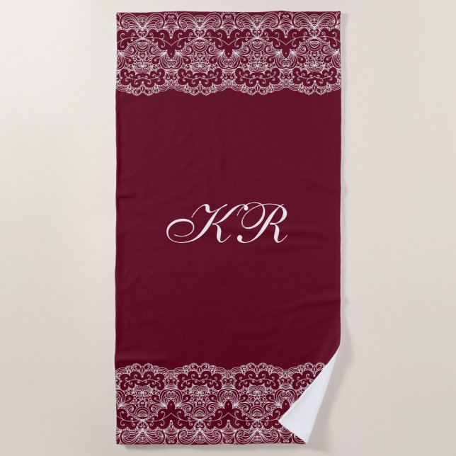 Elegant Vintage Burgundy White Lace Personalised Beach Towel (Front)