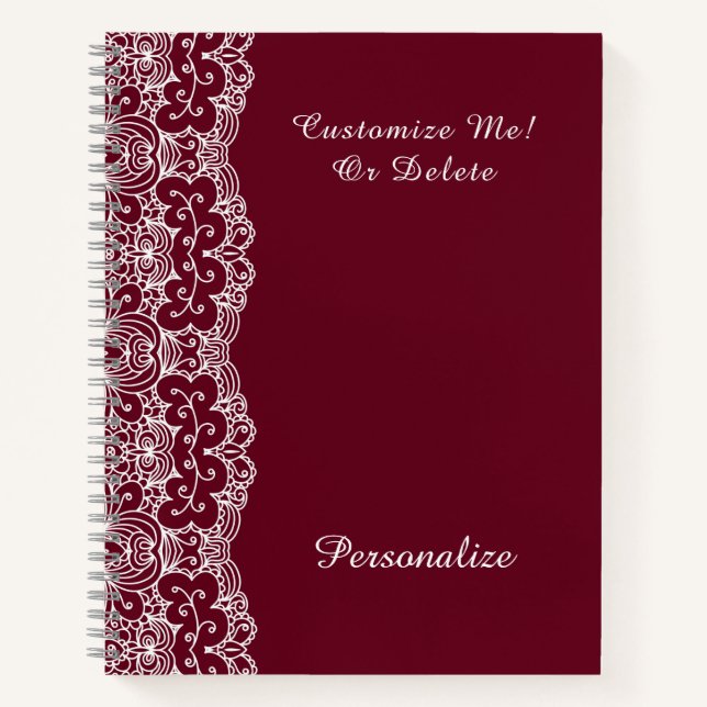 Elegant Vintage Burgundy White Lace Personalised Notebook (Front)