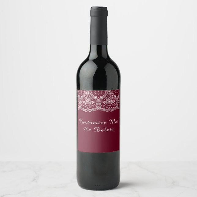 Elegant Vintage Burgundy White Lace Personalised Wine Label (Front)