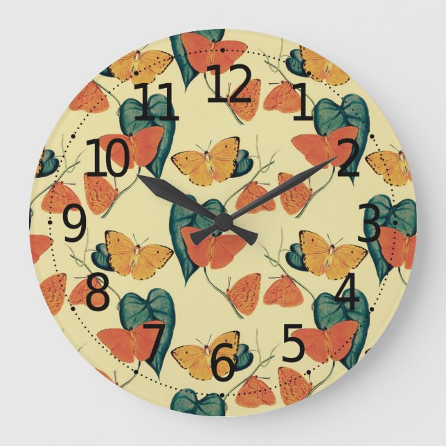 Elegant Vintage Butterflies and Leaves Pattern | Large Clock (Front)