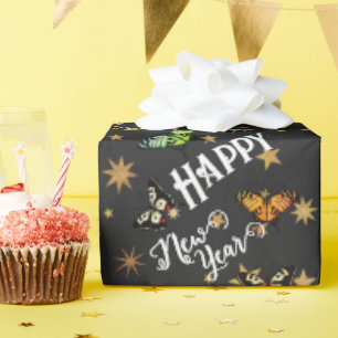 Elegant Vintage Butterflies & Stars Happy New Year Wrapping Paper