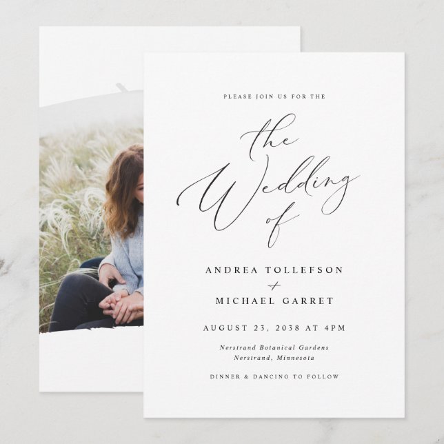 Elegant Vintage Calligraphy Photo Wedding Invitation (Front/Back)