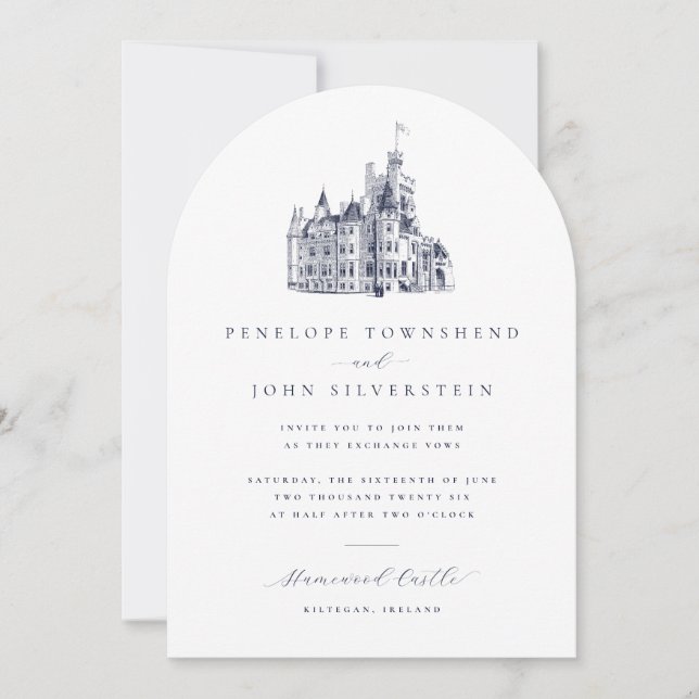 Elegant Vintage Castle Illustration Arch Wedding Invitation (Front)