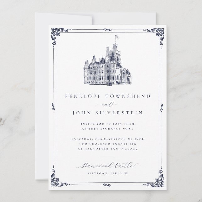 Elegant Vintage Castle Illustration Border Wedding Invitation (Front)