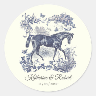 Elegant Vintage Chic Blue Horse Toile Wedding Classic Round Sticker
