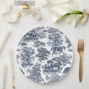 Elegant Vintage Chic Blue Horses Country Toile Paper Plate