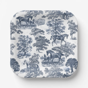Elegant Vintage Chic Blue Horses Country Toile Paper Plate