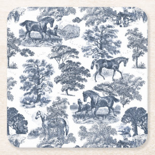 Elegant Vintage Chic Blue Horses Country Toile Square Paper Coaster