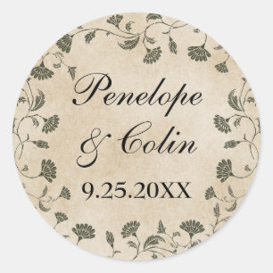 Elegant Vintage Chic Floral Name Date Classic Round Sticker