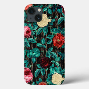 Elegant Vintage Chic Red Roses Black Stripes iPhone 13 Case