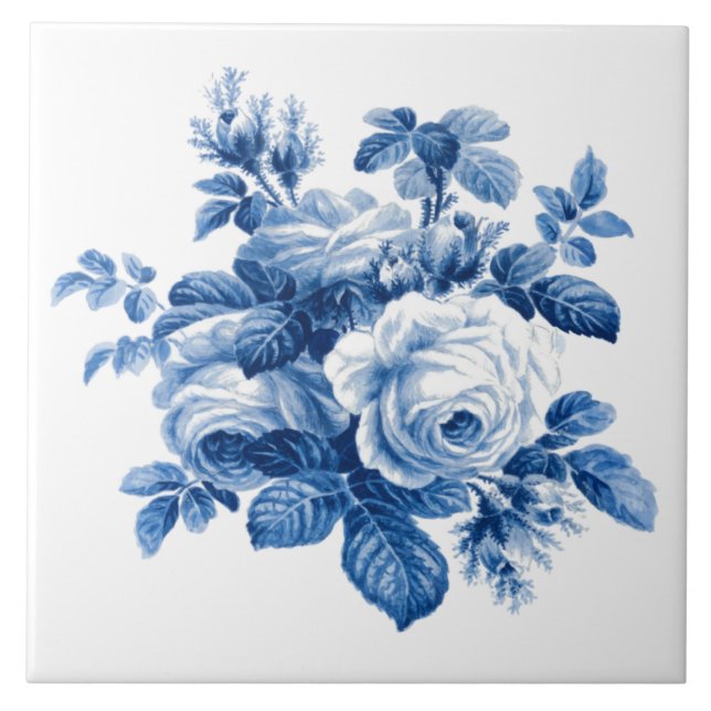 Elegant Vintage China Blue Roses Ceramic Tile (Front)