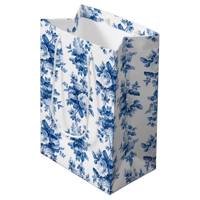 Elegant Vintage China Blue Roses Medium Gift Bag (Front Angled)