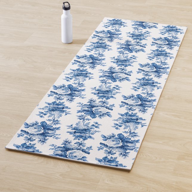 Elegant Vintage China Blue Roses Yoga Mat (In Situ)