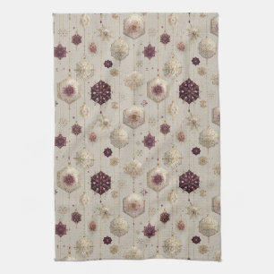Elegant Vintage Christmas Baubles Plum Gold Tea Towel