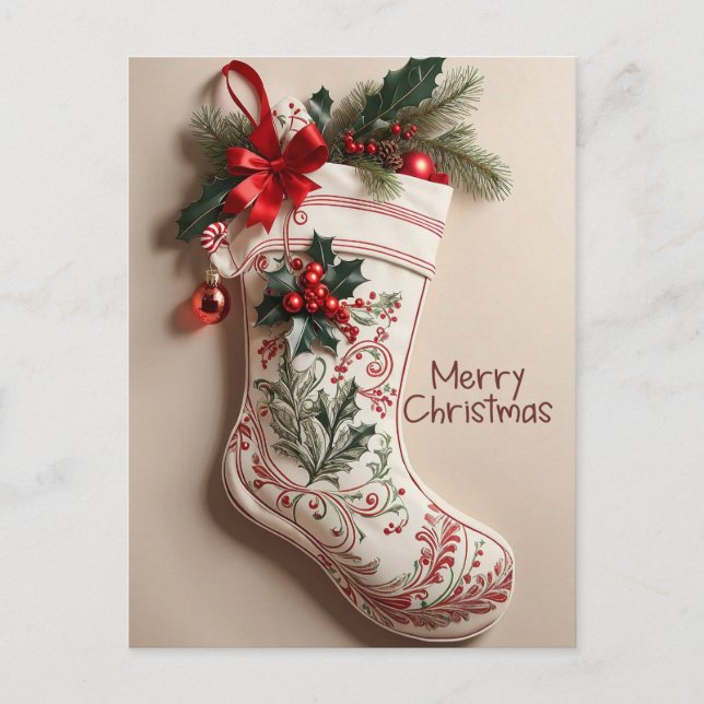 Elegant Vintage Christmas Festive Stocking Holiday Postcard (Front)
