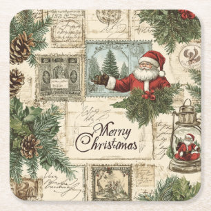 Elegant Vintage Christmas Florals & Santa Square Paper Coaster