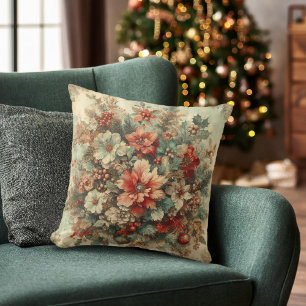 Elegant Vintage Christmas Flowers  Cushion