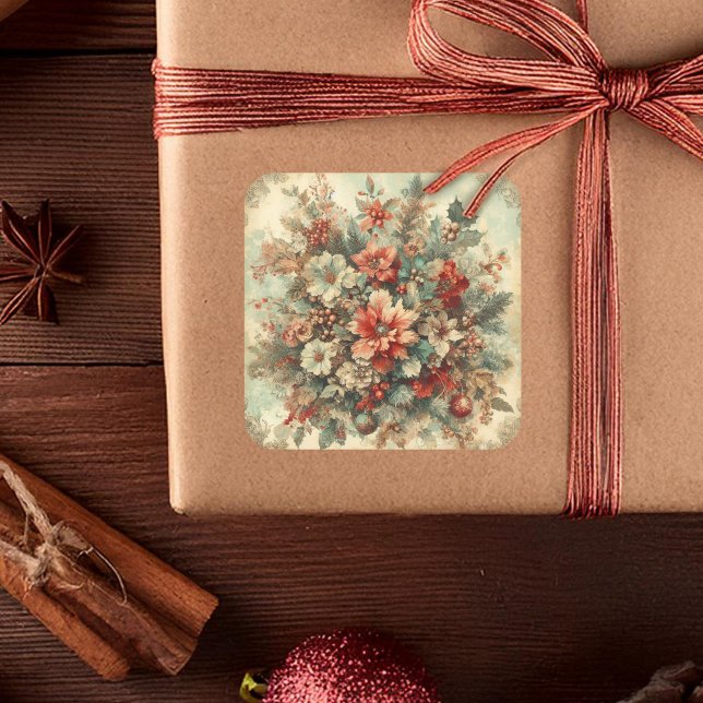 Elegant Vintage Christmas Flowers  Square Sticker (Creator Uploaded)